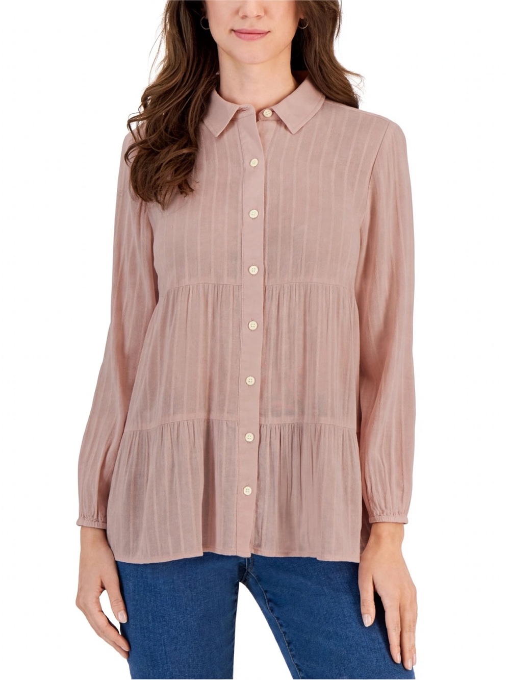 Style & Co Textured Dusty Rose Striped Button Tiered Shirt elastic cuff Size 2X